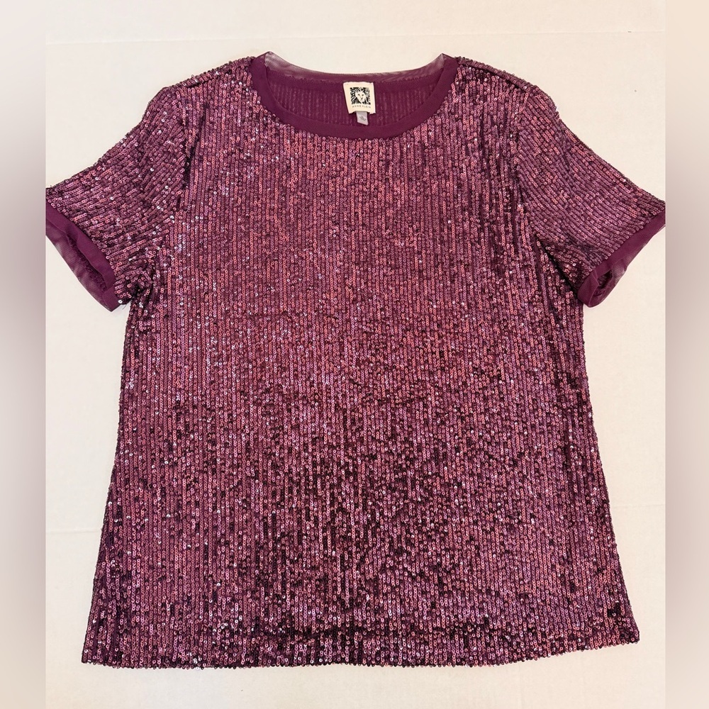 Anne Klein Sparkling Sequin Short Sleeve Top - Purple